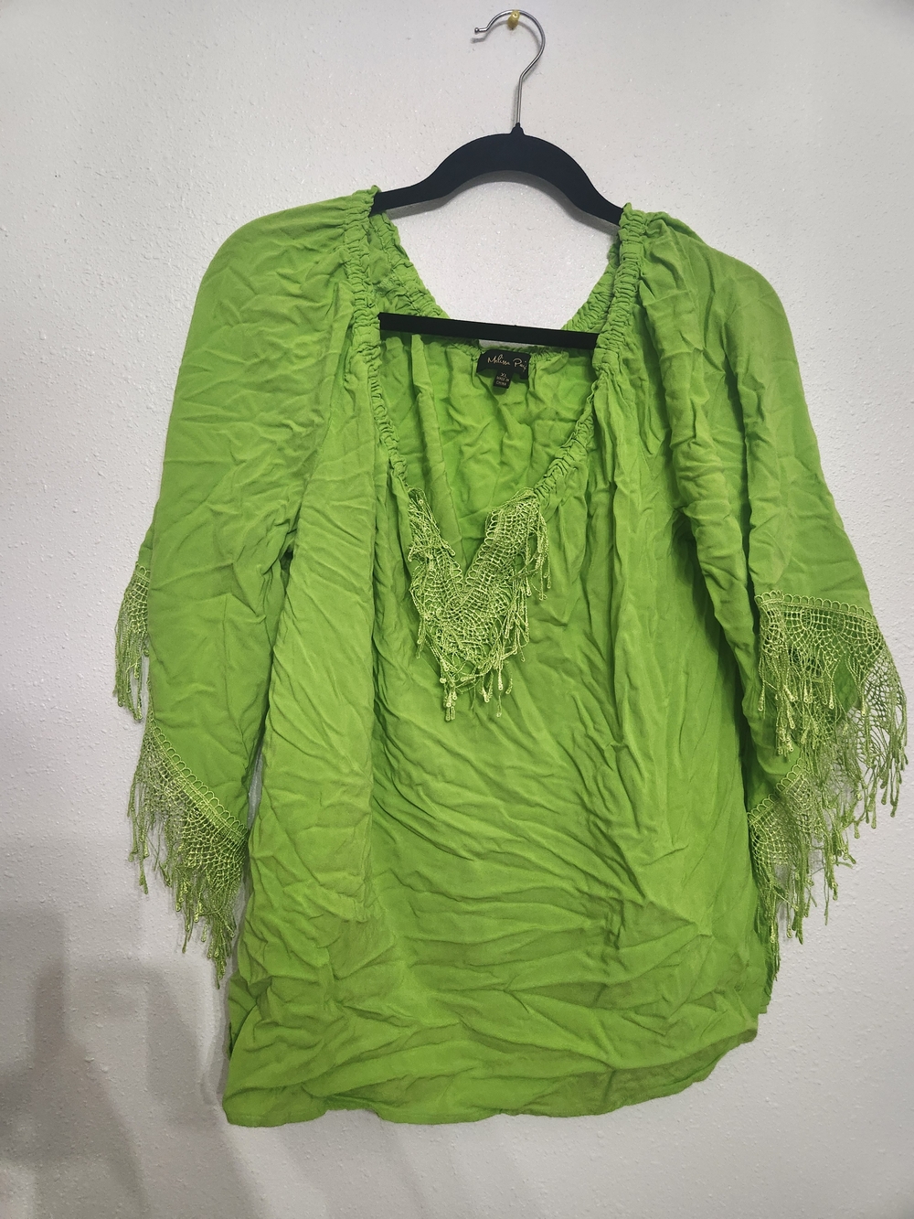 Melissa Paige Lime Green Boho V-Neck Fringe Tunic